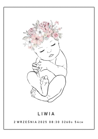 Plakat metryczka dla dziecka line art minimalistyczna kwiaty a3