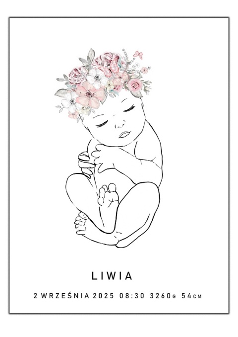 Plakat metryczka dla dziecka line art minimalistyczna kwiaty a3