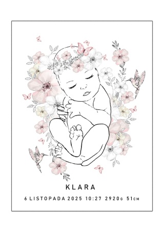Plakat metryczka dla dziecka line art minimalistyczna kwiaty a3