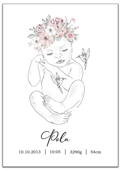 Plakat metryczka dla dziecka line art minimalistyczna kwiaty a3