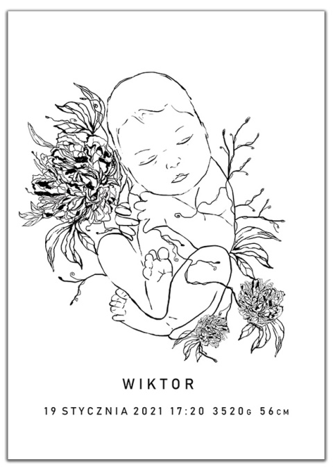 Plakat metryczka dla dziecka line art minimalistyczna kwiaty a3