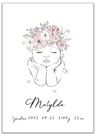 Plakat metryczka dla dziecka line art minimalistyczna kwiaty a3