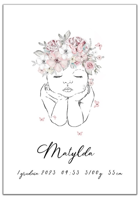 Plakat metryczka dla dziecka line art minimalistyczna kwiaty a3