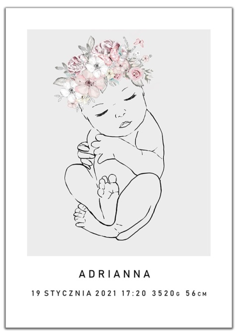 Plakat metryczka dla dziecka line art minimalistyczna kwiaty a3