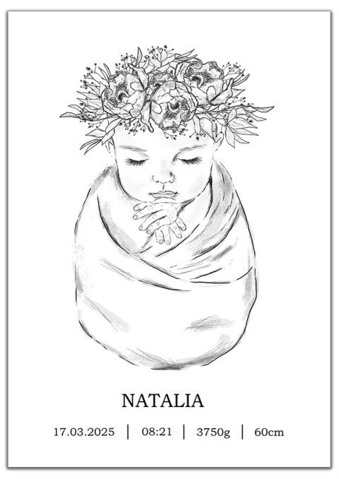 Plakat metryczka dla dziecka line art minimalistyczna kwiaty a3