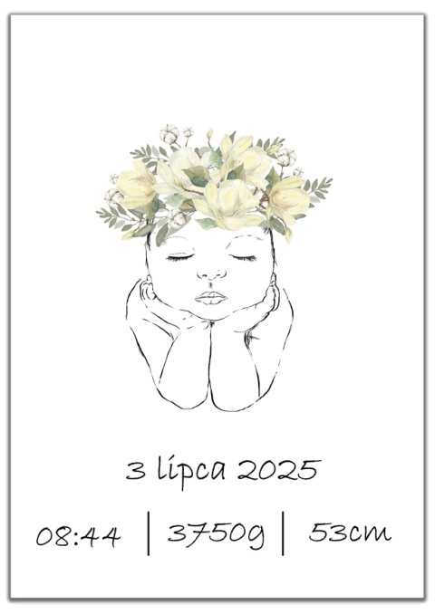 Plakat metryczka dla dziecka line art minimalistyczna kwiaty a3