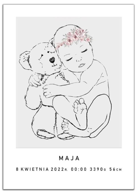 Plakat metryczka dla dziecka line art minimalistyczna kwiaty a3