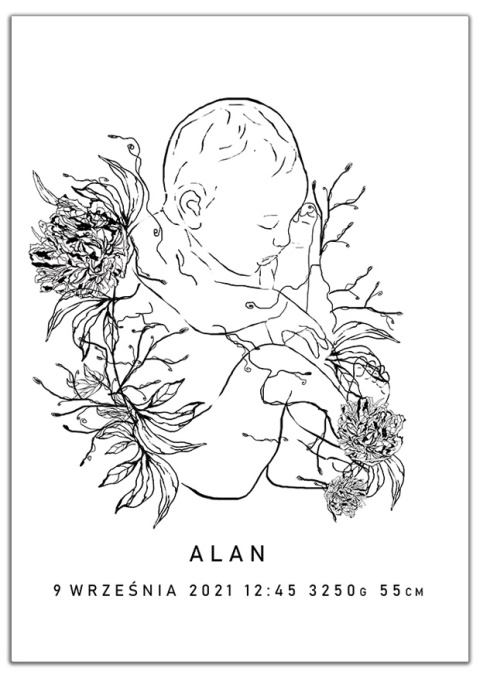 Plakat metryczka dla dziecka line art minimalistyczna kwiaty a3
