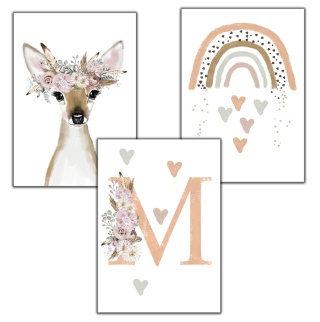 Zestaw 3 plakatów sarna boho literka i tęcza