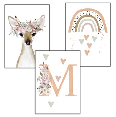 Zestaw 3 plakatów sarna boho literka i tęcza