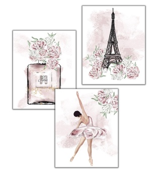 Zestaw 3 plakatów baletnice PARIS PERFUMY WIEŻA EIFFLA KWIAT OIWONII