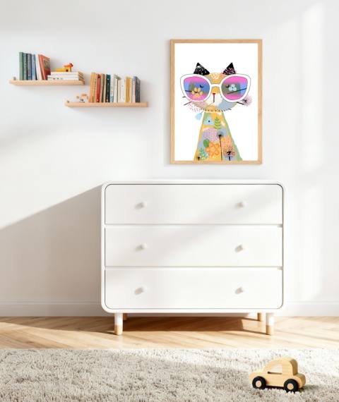 plakat boho kolory kot kotek kwiaty skadynawski dla dziecka chłopca i dziewczynki