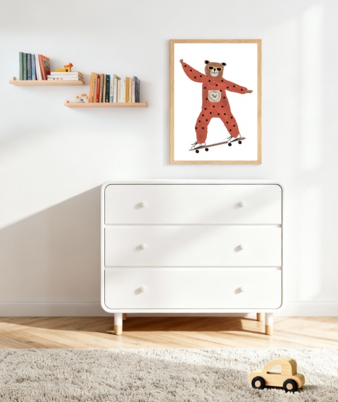 plakat boho miś deskorola okulary skadynawski dla dziecka chłopca i dziewczynki